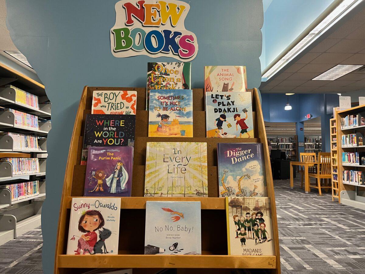 New children's books added to the library collection are displayed in the Alachua branch of the Alachua Country Library District in Florida on Feb. 17, 2023. (Nanette Holt/The Epoch Times)