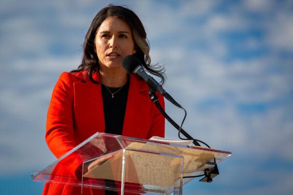 Rep. Tulsi Gabbard (I-Hawaii) speaks at the Rage Against the War Machine rally in front of the Lincoln Memorial on Feb. 19, 2023. (Courtesy of Liberty Speaks)