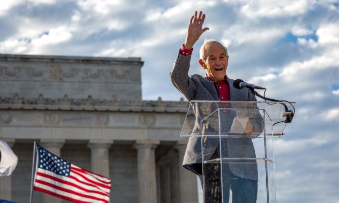 Former Congressman Ron Paul speaks at the "Rage Against the War Machine" rally in front of the Lincoln Memorial in Washington on Feb. 19, 2023. (Courtesy of "Rage Against the War Machine")
