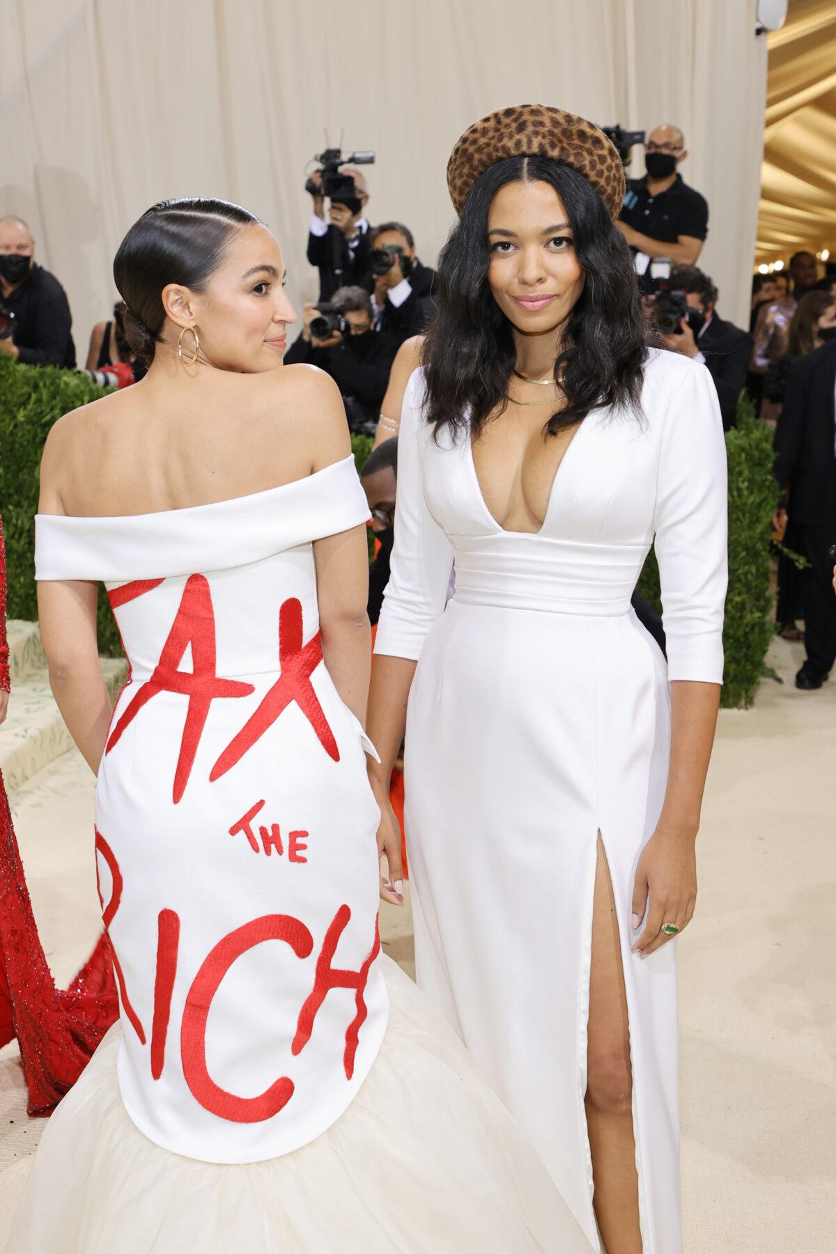 Alexandria Ocasio-Cortez and Aurora James attend The 2021 Met Gala Celebrating in America: A Lexicon of Fashion at Metropolitan Museum of Art in New York City on Sept. 13, 2021. (Mike Coppola/Getty Images)