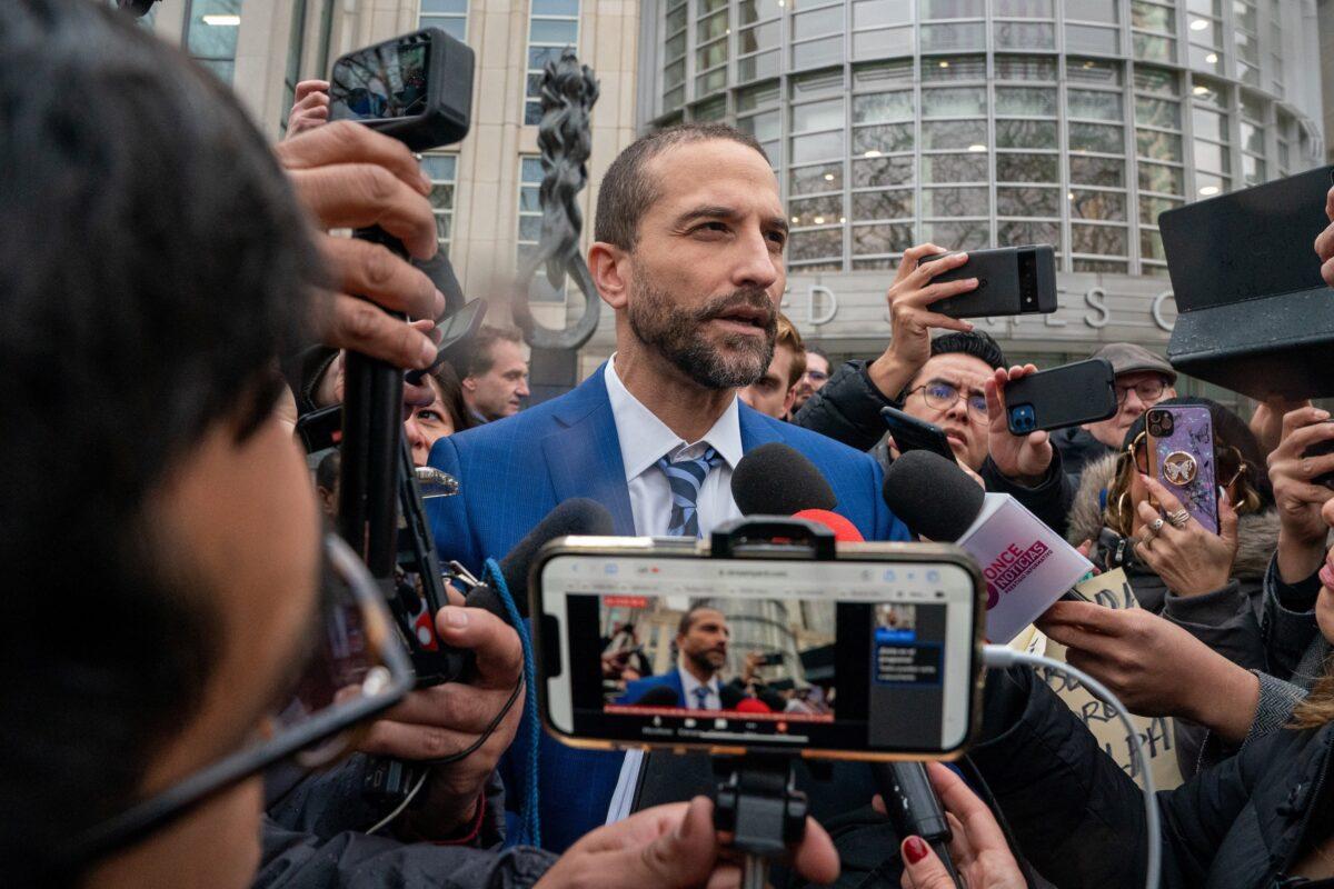 Defense attorney Cesar de Castro makes a statement as he departs U.S. Federal Court in Brooklyn as a jury finds his client, the former Mexican security chief Genaro Garcia Luna, guilty of corruption and drug trafficking charges in New York on Feb. 21, 2023. (David Dee Delgado/Reuters)