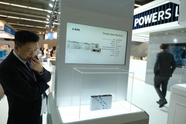 A display by Chinese electric car battery maker CATL at the 2019 IAA Frankfurt Auto Show, on Sept. 11, 2019. (Sean Gallup/Getty Images)