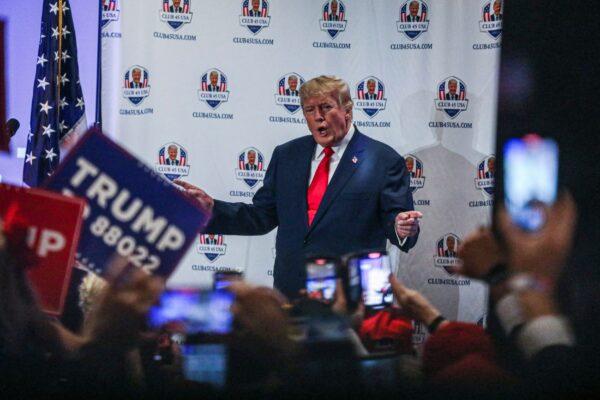 Former President Donald Trump speaks to supporters during Trump's President Day event at the Hilton Palm Beach Airport in West Palm Beach, Florida, on Feb. 20, 2023. (Giorgio Viera/AFP via Getty Images)