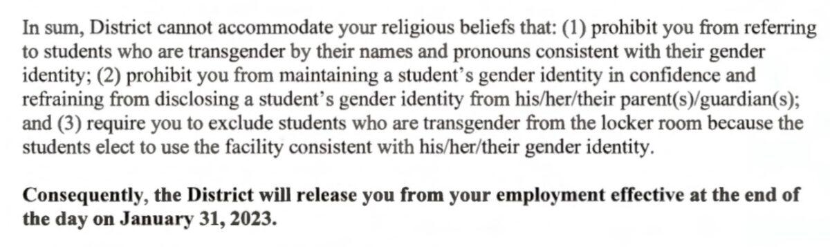 A screenshot of an email from California's Jurupa Unified School District firing Jessica Tapia for refusing to lie to parents. (Courtesy of Jessica Tapia)