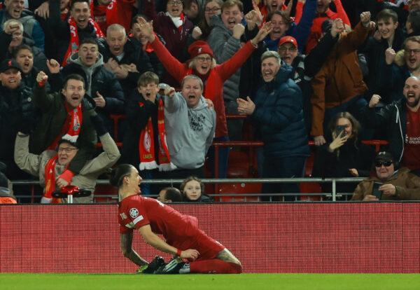 Liverpool's Darwin Nunez celebrates scoring their first goal during the Champions League-Round of 16 First Leg-Liverpool v Real Madrid soccer match at Anfield in Liverpool, Britain, on Feb. 21, 2023. (Phil Noble/Reuters)