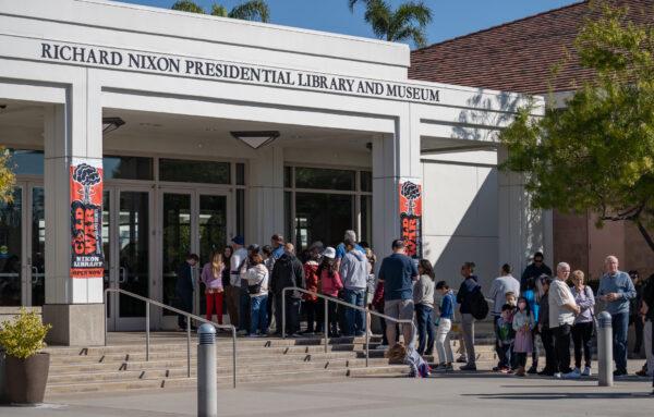 People line up outside of the Nixon Library for the Presidents' Day celebration in Yorba Linda, Calif., on Feb. 20, 2023. (John Fredricks/The Epoch Times)