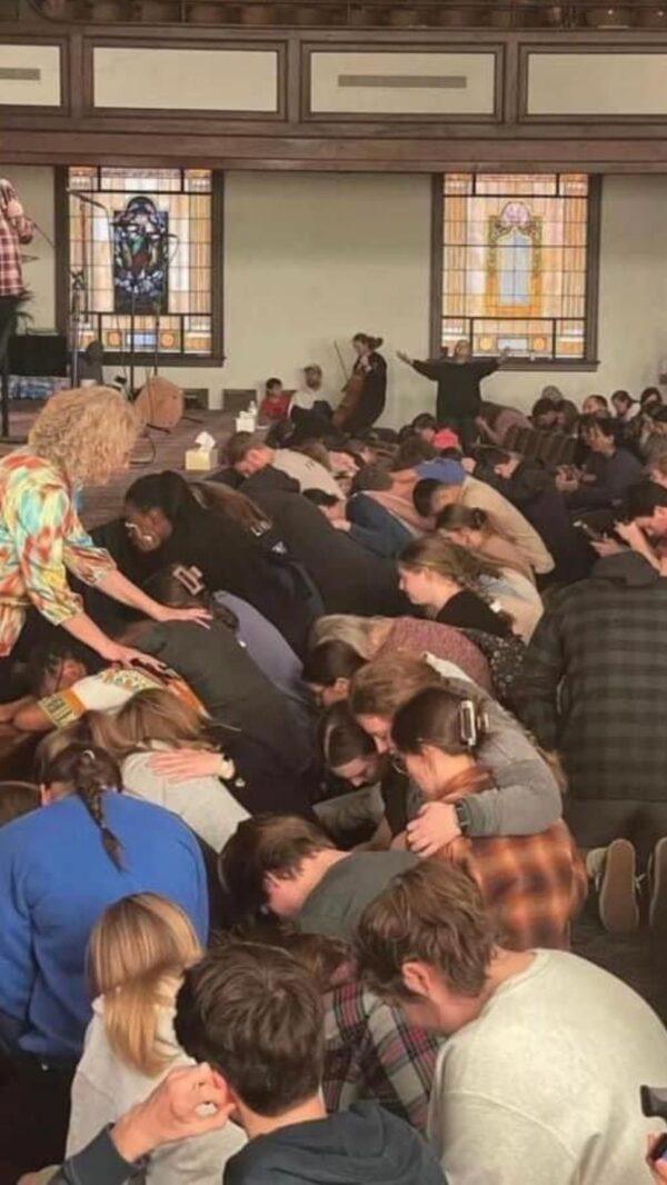 Students at the revival service at Asbury University in Wilmore, Ky., on Feb. 9, 2023. (Courtesy of Daryl Blank)