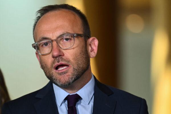 Party leader of the Australian Greens, Adam Bandt, addresses the media after the resignation of Senator Lidia Thorpe from the Australian Greens Party at Parliament House, in Canberra, Australia, on Feb. 6, 2023. (Martin Ollman/Getty Images)