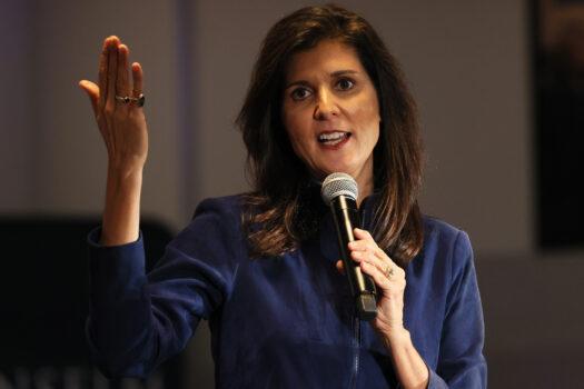 Republican presidential candidate Nikki Haley speaks during a campaign event in the New Hampshire Institute of Politics at Saint Anselm College, in Manchester, N.H., on Feb. 17, 2023. (Michael M. Santiago/Getty Images)