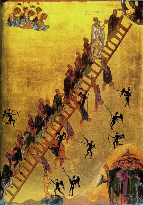 "The Ladder of Divine Ascent" or "The Ladder of Paradise," 12th century, by anonymous. Icon. Saint Catherine's Monastery, Mount Sinai in Egypt. (<a href="https://commons.wikimedia.org/wiki/File:The_Ladder_of_Divine_Ascent_Monastery_of_St_Catherine_Sinai_12th_century.jpg">PD-US</a>)