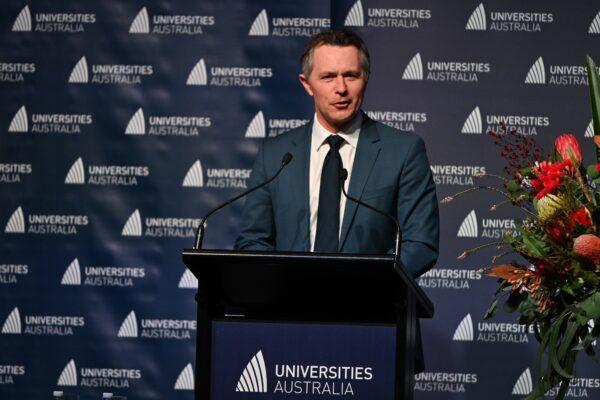 Australian Education Minister Jason Clare speaks during the Universities Australia Conference dinner at Parliament House in Canberra, Australia, on Feb. 22, 2023. (AAP Image/Mick Tsikas)