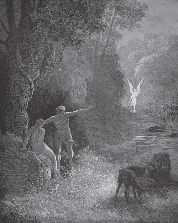“Eastward among those trees, what glorious shape/Come this way moving?” (V. 309, 310), 1866, by Gustav Doré for John Milton’s “Paradise Lost.” Engraving. (Public Domain)