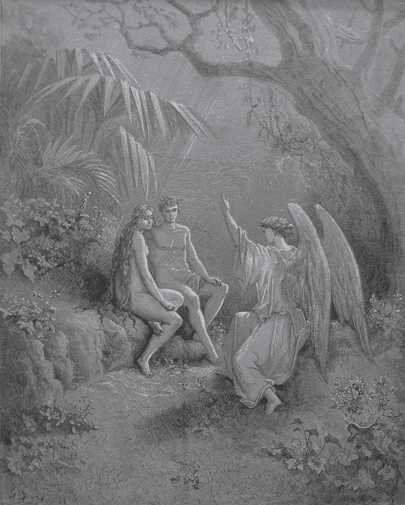 “To whom the winged Hierarch replied:/O Adam, one Almighty is, from whom/All things proceed” (V. 468-470),1866, by Gustav Doré for John Milton’s “Paradise Lost.” Engraving. (Public Domain)
