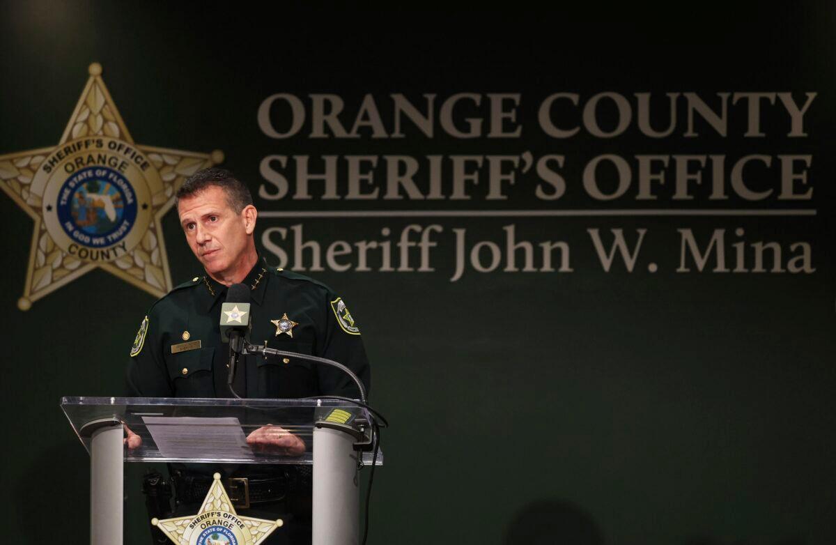 Orange County Sheriff John Mina addresses the media during a press conference about multiple shootings in Orlando, Fla., on Feb. 22, 2023. (Ricardo Ramirez Buxeda/Orlando Sentinel via AP)