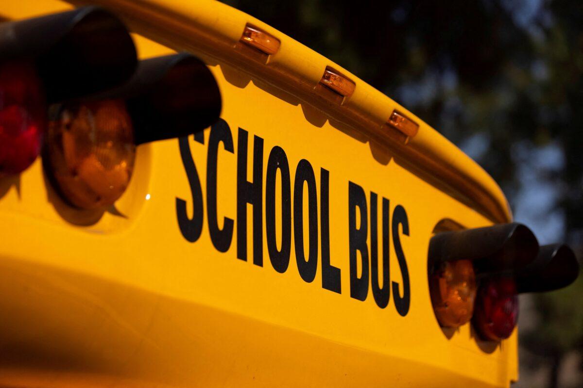 School buses line up in Los Angeles on Aug. 30, 2021. (Mike Blake/Reuters)