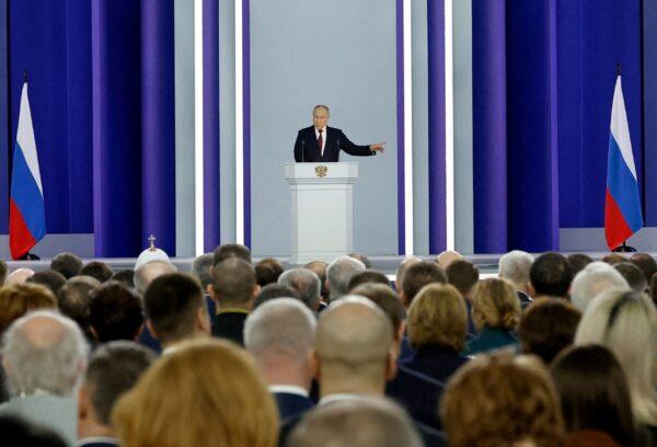 Russian President Vladimir Putin delivers his annual address to the Federal Assembly in Moscow, on Feb. 21, 2023. (Sputnik/Dmitry Astakhov/Kremlin via Rueters)