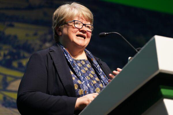 Environment Secretary Therese Coffey speaking during the National Farmers' Union Conference at the ICC, Birmingham, on Feb. 22, 2023. (Jacob King/PA Media)