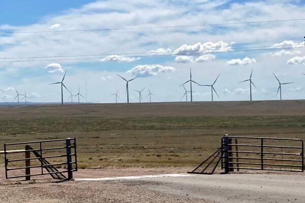 Wind turbines sprawl across a valley west of the Medicine Bow Range in Wyoming. (John Haughey/The Epoch Times)