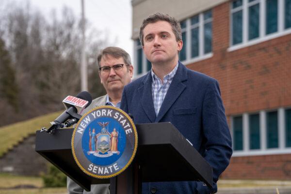 Sen. James Skoufis (D-N.Y.) speaks during a press conference in New Windsor, New York, on Feb. 22, 2023. (Cara Ding/The Epoch Times)