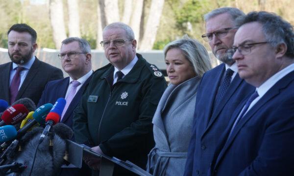 (L) SDLP leader Colum Eastwood, DUP leader Jeffrey Donaldson, Police Service of Northern Ireland (PSNI) Chief Constable Simon Byrne, Sinn Fein deputy leader Michelle O'Neill, Ulster Unionist Party (UUP) leader Doug Beattie, and Stephen Farry from the Alliance party, speaking to the media outside the PSNI HQ in Belfast on Feb. 24, 2023. (PA Media)