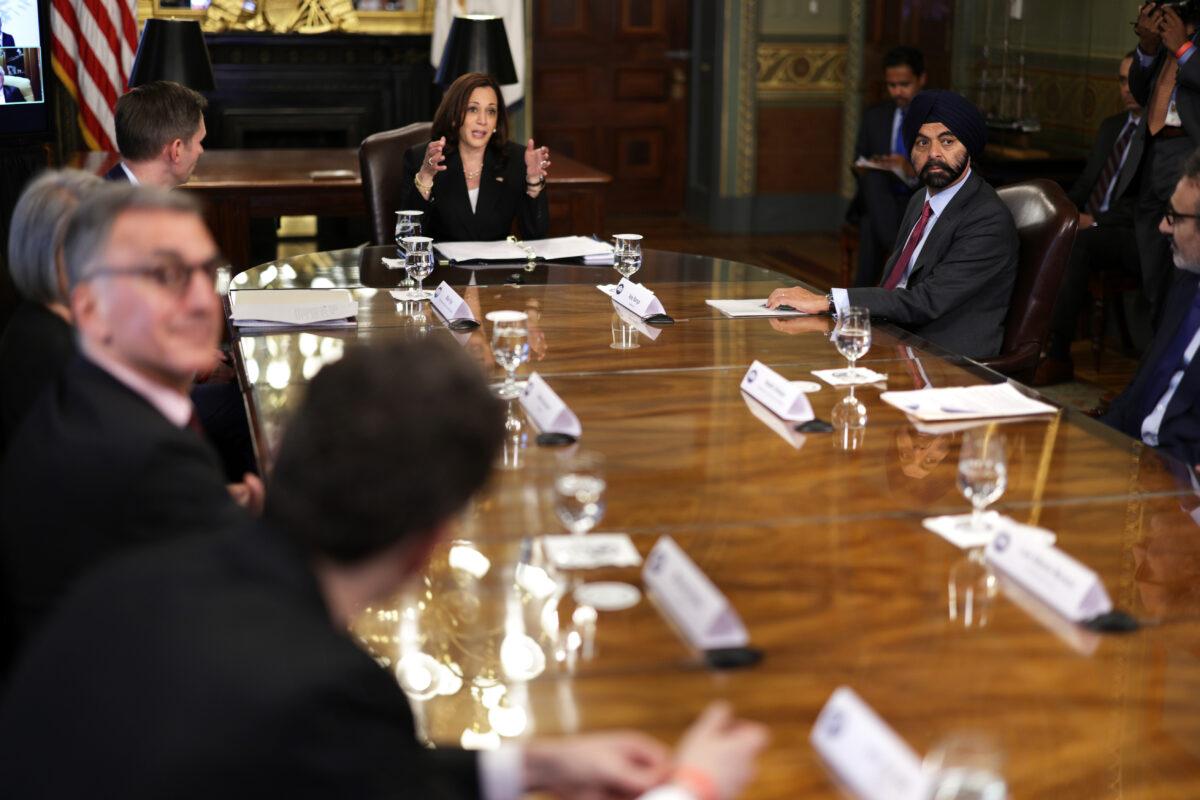 Vice President Kamala Harris delivers opening remarks during a meeting with top business leaders, including former executive of Mastercard Ajay Banga (R) at Eisenhower Executive Office Building in Washington on May 27, 2021. (Alex Wong/Getty Images)