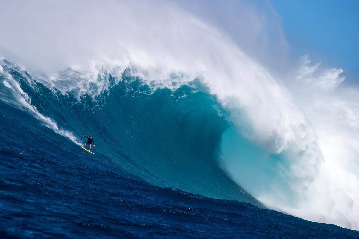 A recent photo of Pierre Drollet surfing a giant wave at Jaws, Maui. (Courtesy of <a href="https://www.instagram.com/fred_pompermayer/">Fred Pompermayer</a>)
