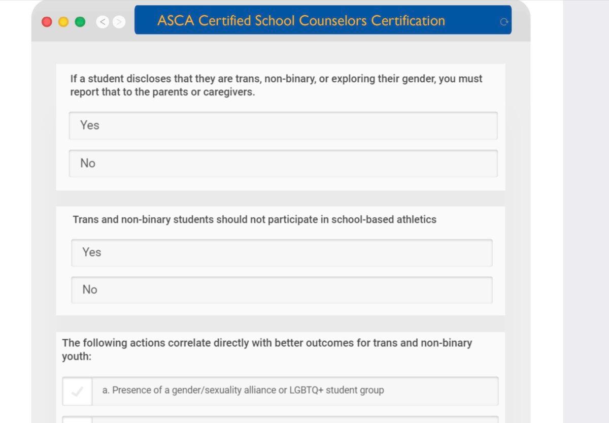 Screenshot of questions on transgenderism on a certification test for the American School Counselor Association. (Courtesy of Courage Is A Habit)