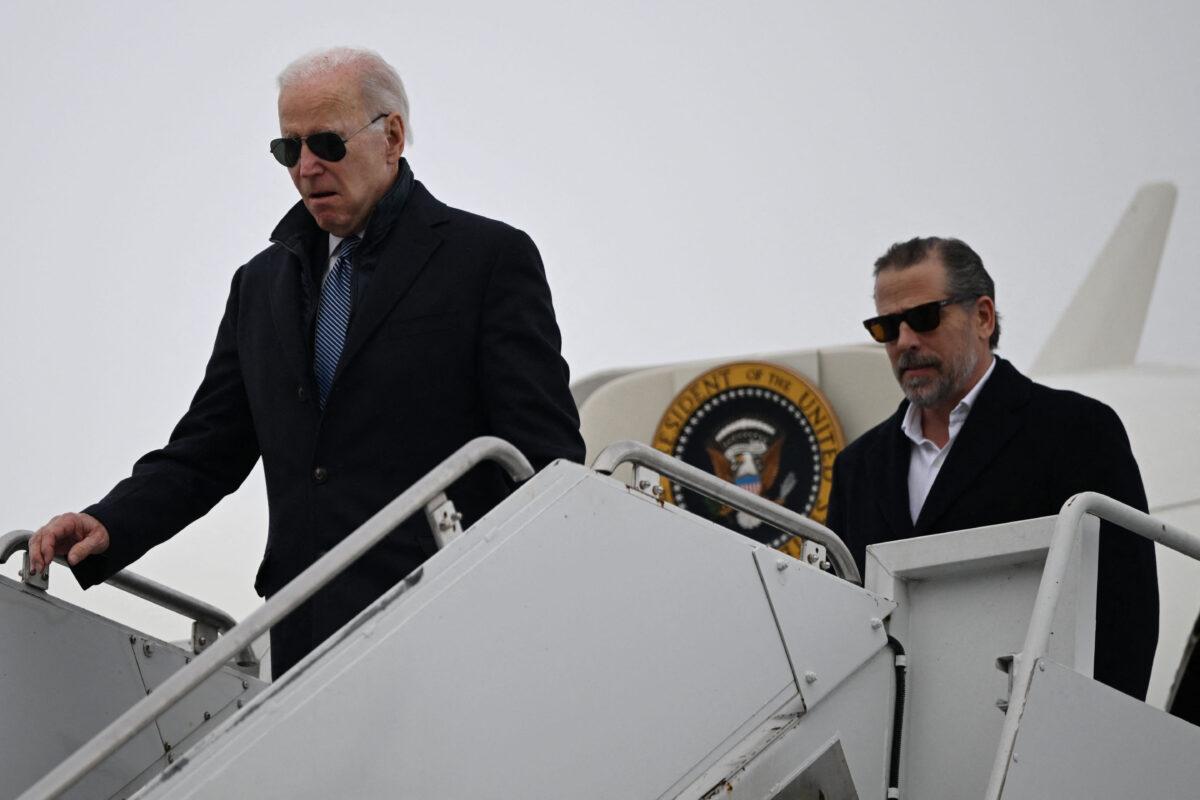 President Joe Biden with his son Hunter Biden arrives at Hancock Field Air National Guard Base in Syracuse, N.Y., on Feb. 4, 2023. (Andrew Caballero-Reynolds/AFP via Getty Images)