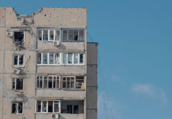 A building damaged by a Russian military strike in the front line city of Vuhledar, Ukraine, on Feb. 22, 2023, amid Russia's attack on Ukraine. (Alex Babenko/Reuters)