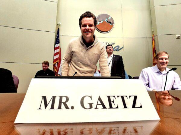 U.S. Rep. Matt Gaetz (R-Fla.) a member of the House Judiciary Committee, was one of 15 Republican members who attended a hearing on the southern border crisis in Yuma, Ariz., on Feb. 23, 2023. (Allan Stein/The Epoch Times)