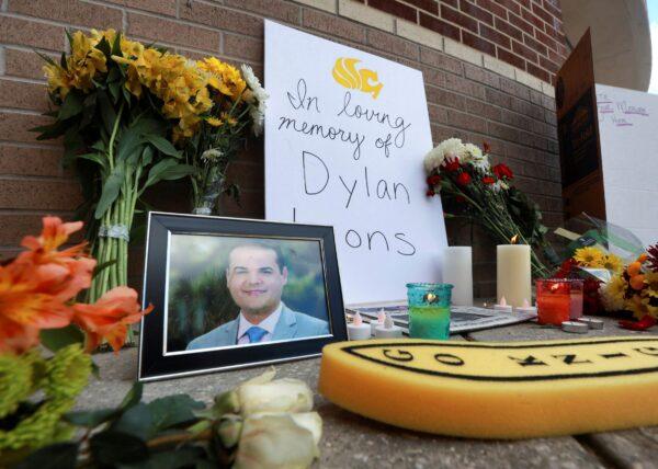 The pop-up memorial for slain Spectrum News 13 journalist Dylan Lyons is shown at the University of Central Florida Nicholson School of Communications in Orlando, Fla., on Feb. 23, 2023. (Joe Burbank/Orlando Sentinel via AP)