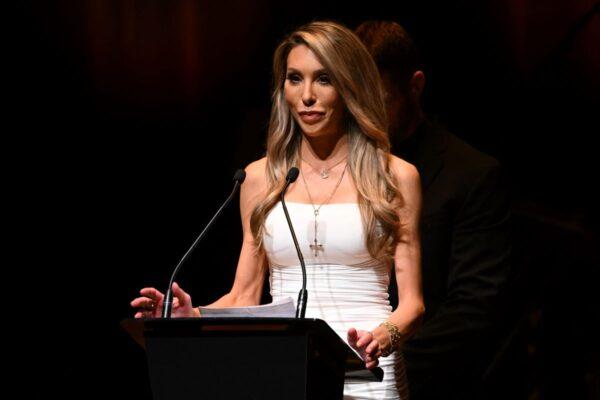 Daughter Chloe Lattanzi during a state memorial service for Olivia Newton-John at Hamer Hall in Melbourne, Sunday, February 26, 2023. (AAP Image/James Ross)