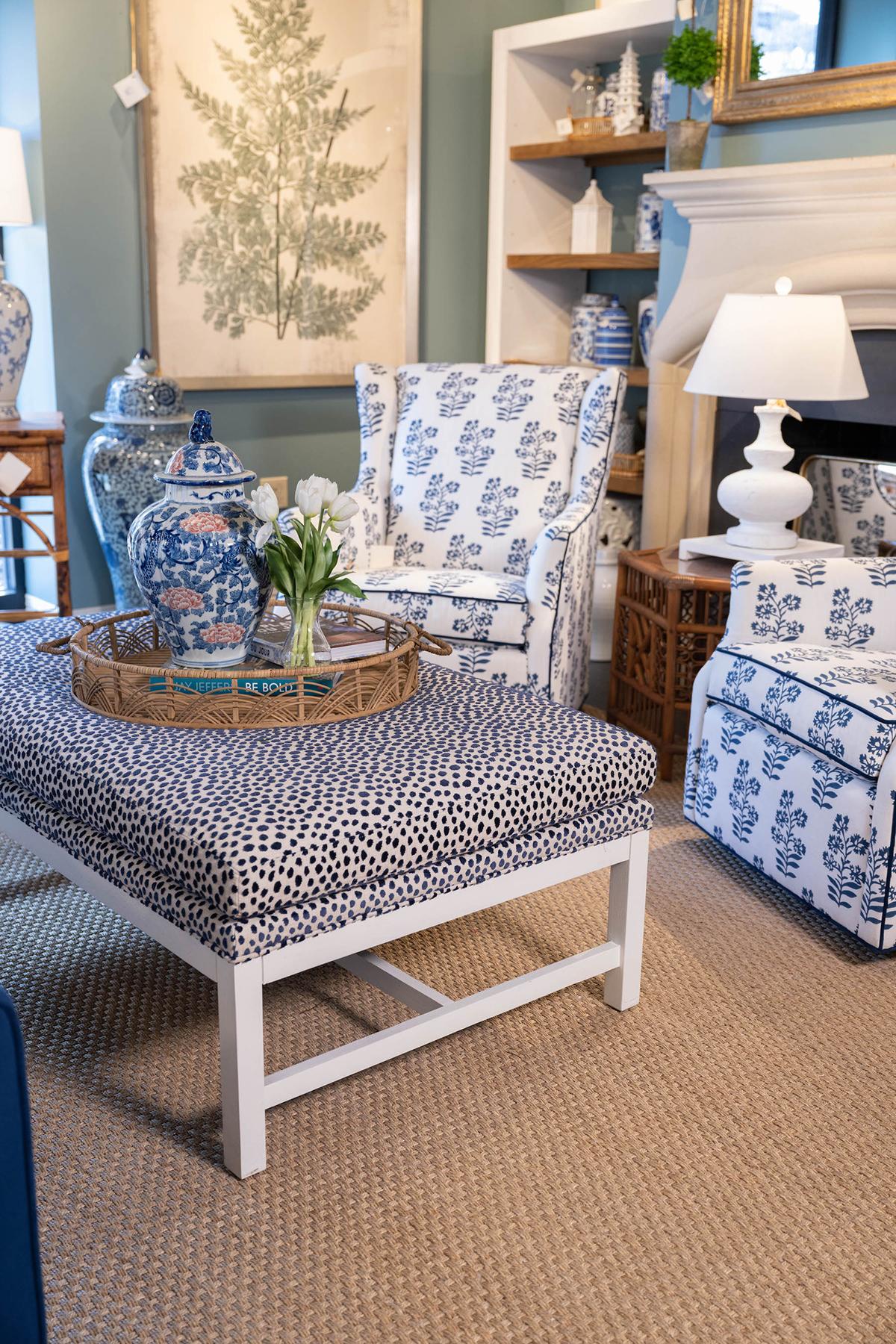 Ottomans are a great source of texture in a room, like this blue and white speckled design. (Handout/TNS)