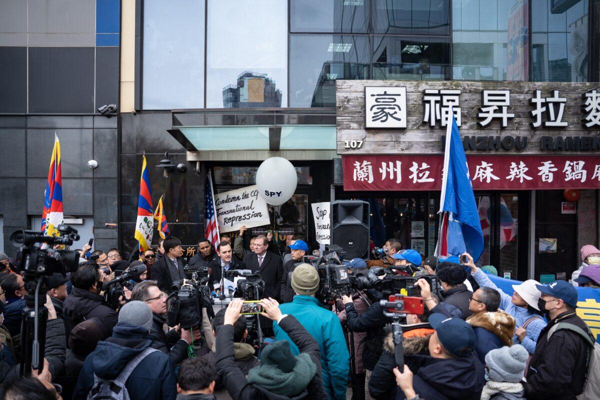 Rep. Mike Gallagher (R-Wis.) speaks at a press conference and rally in front of the America ChangLe Association highlighting Beijing's transnational repression in New York City on Feb. 25, 2023. A now-closed overseas Chinese police station is located inside the association building. (Samira Bouaou/The Epoch Times)