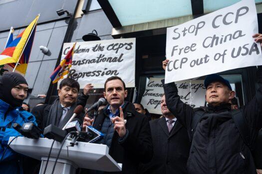 Rep. Mike Gallagher (R-Wis.) speaks at a press conference and rally in front of the America ChangLe Association highlighting Beijing's transnational repression in New York City on Feb. 25, 2023. A now-closed overseas Chinese police station is located inside the association building. (Samira Bouaou/The Epoch Times)