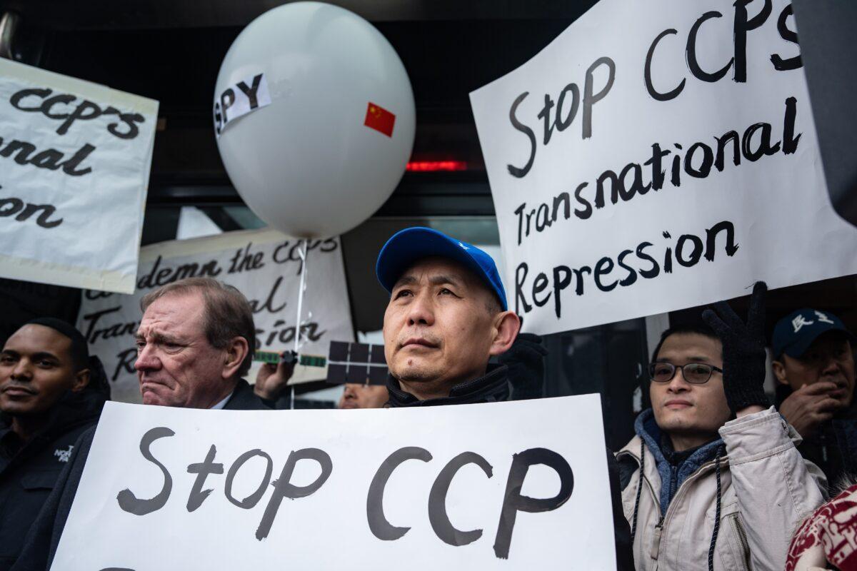 Chinese dissident Wang Yonghong at a press conference and rally in front of the America ChangLe Association highlighting Beijing's transnational repression, in New York City on Feb. 25, 2023. A now-closed overseas Chinese police station is located inside the association building. (Samira Bouaou/The Epoch Times)