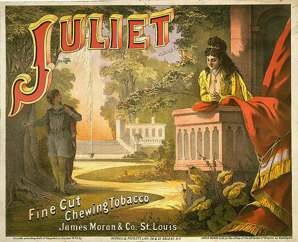 A tobacco package label showing the balcony scene between Romeo and Juliet. Library of Congress. (Public Domain)