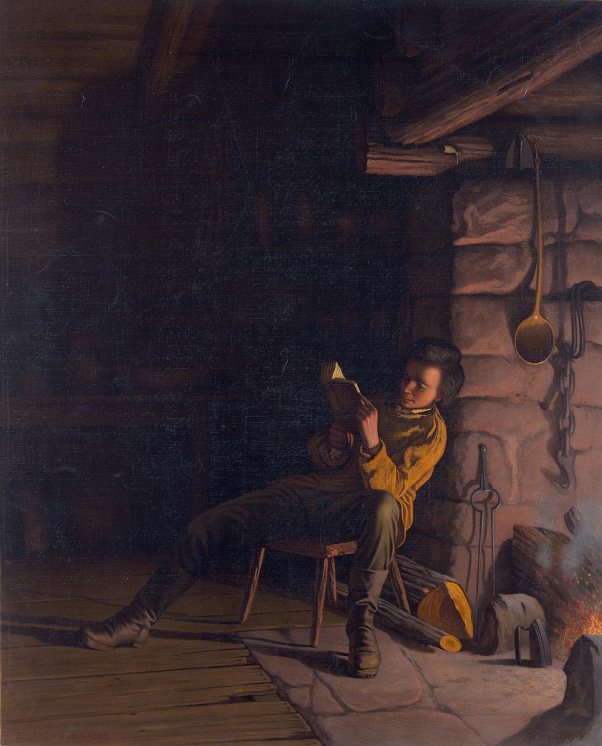 A young Abraham Lincoln reading by the fire, 1868, by Eastman Johnson. Library of Congress. (Public Domain)