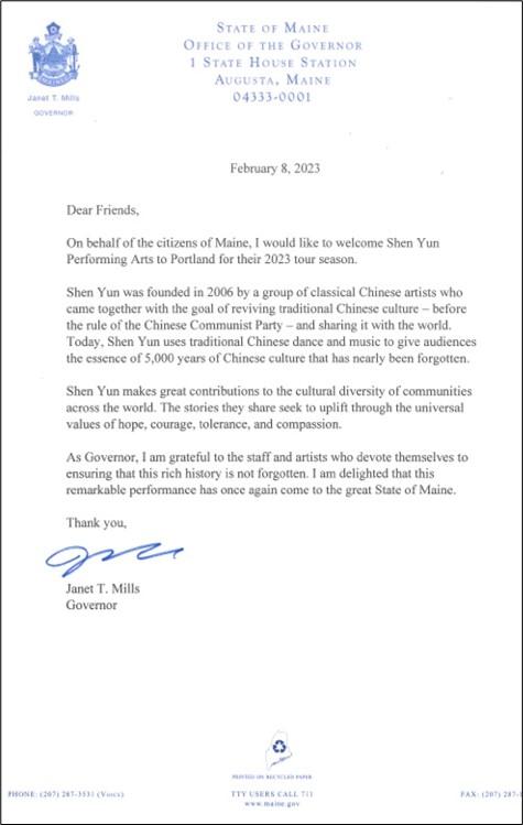 Official letter from Gov. Janet Mills to welcome to Shen Yun Performing Arts to the State of Maine.