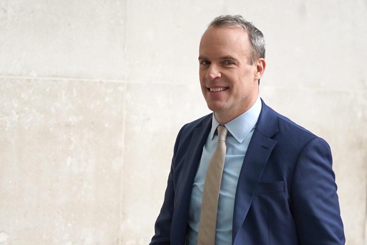 Deputy Prime Minister Dominic Raab arrives at BBC Broadcasting House in London, on Feb. 26, 2023. (Stefan Rousseau/PA Media)