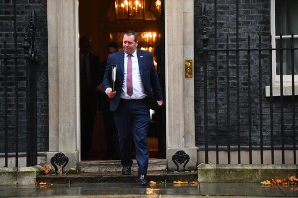 Former Chief Whip and now British Minister of State for Food, Farming, and Fisheries, Mark Spencer, leaves number 10 Downing Street in London on Nov. 3, 2020. (PA Images/Victoria Jones)