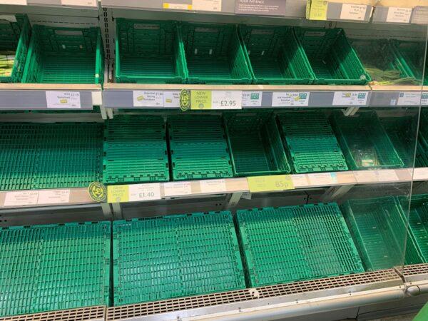 Empty tomato shelves at a Waitrose store, Maidenhead, Berkshire pictured on Feb. 25, 2023. (PA Images/Peter Clifton)