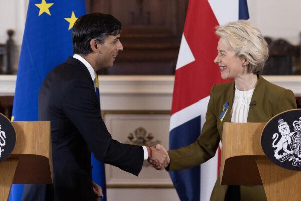 Prime Minister Rishi Sunak and European Commission President Ursula von der Leyen during a press conference at the Guildhall in Windsor, Berkshire, on Feb. 27, 2023, following the announcement that they have struck a deal over the Northern Ireland Protocol. (PA Media)