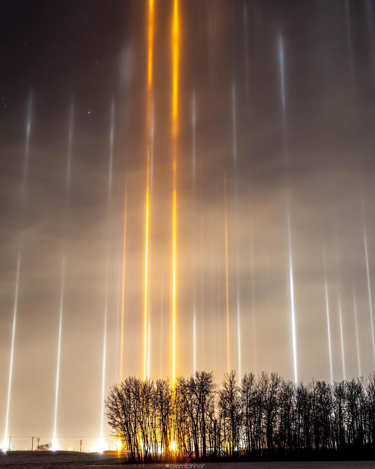 Light pillars over central Alberta, Canada. (Courtesy of <a href="https://www.instagram.com/dartanner/">Dar Tanner</a>)
