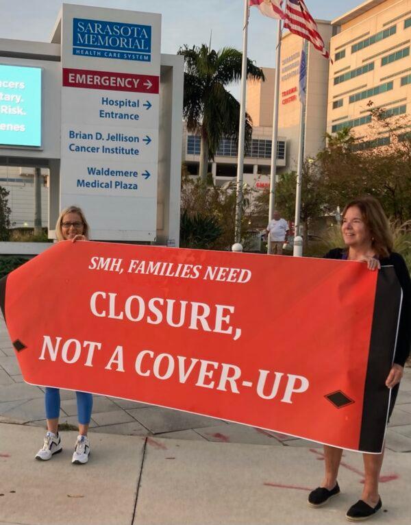 Protesters concerned about the treatment of people who died while being treated for COVID-19 stand outside a board meeting at Sarasota Memorial Hospital in Sarasota, Fla., on Feb.21, 2023. (Courtesy of Tanya Parus)