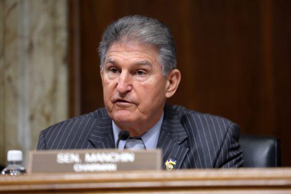 Sen. Joe Manchin (D-W.V.), Chairman of the Senate Energy and Natural Resources Committee, presides over a hearing in Washington on Feb. 16, 2023. (Kevin Dietsch/Getty Images)