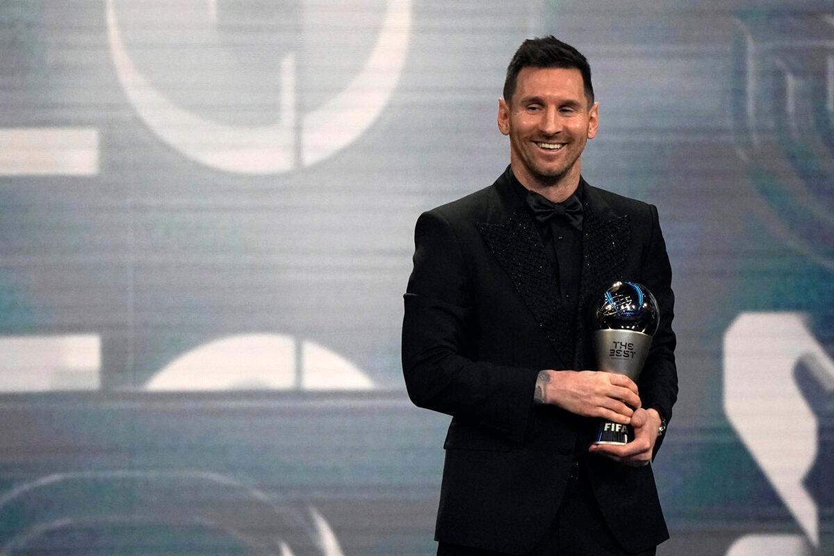 Argentina's Lionel Messi receives the Best FIFA Men's player award during the ceremony of the Best FIFA Football Awards in Paris, France, on Feb. 27, 2023. (Michel Euler/AP Photo)