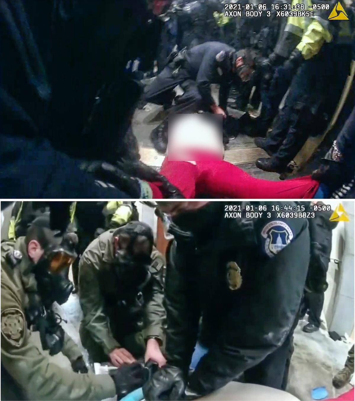 Above: A police officer slips and falls on an unconscious Rosanne Boyland as Officer Michael Dowling helps move her into the Capitol. Below: Medics work to insert a breathing tube as CPR continues on Jan. 6, 2021. (Metropolitan Police Department/Screenshots via The Epoch Times)