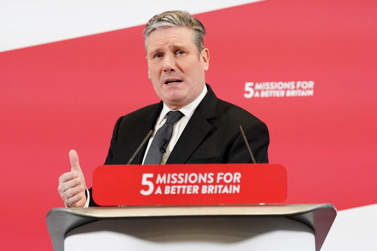 Labour Party leader Sir Keir Starmer delivers a speech at the office of UK Finance in central London, on Feb. 27, 2023. (Stefan Rousseau/PA Media)