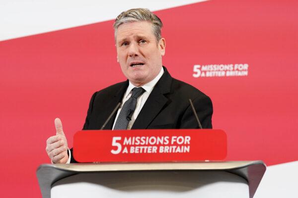 Labour Party leader Sir Keir Starmer delivers a speech at the office of UK Finance in central London, on Feb. 27, 2023. (Stefan Rousseau/PA Media)